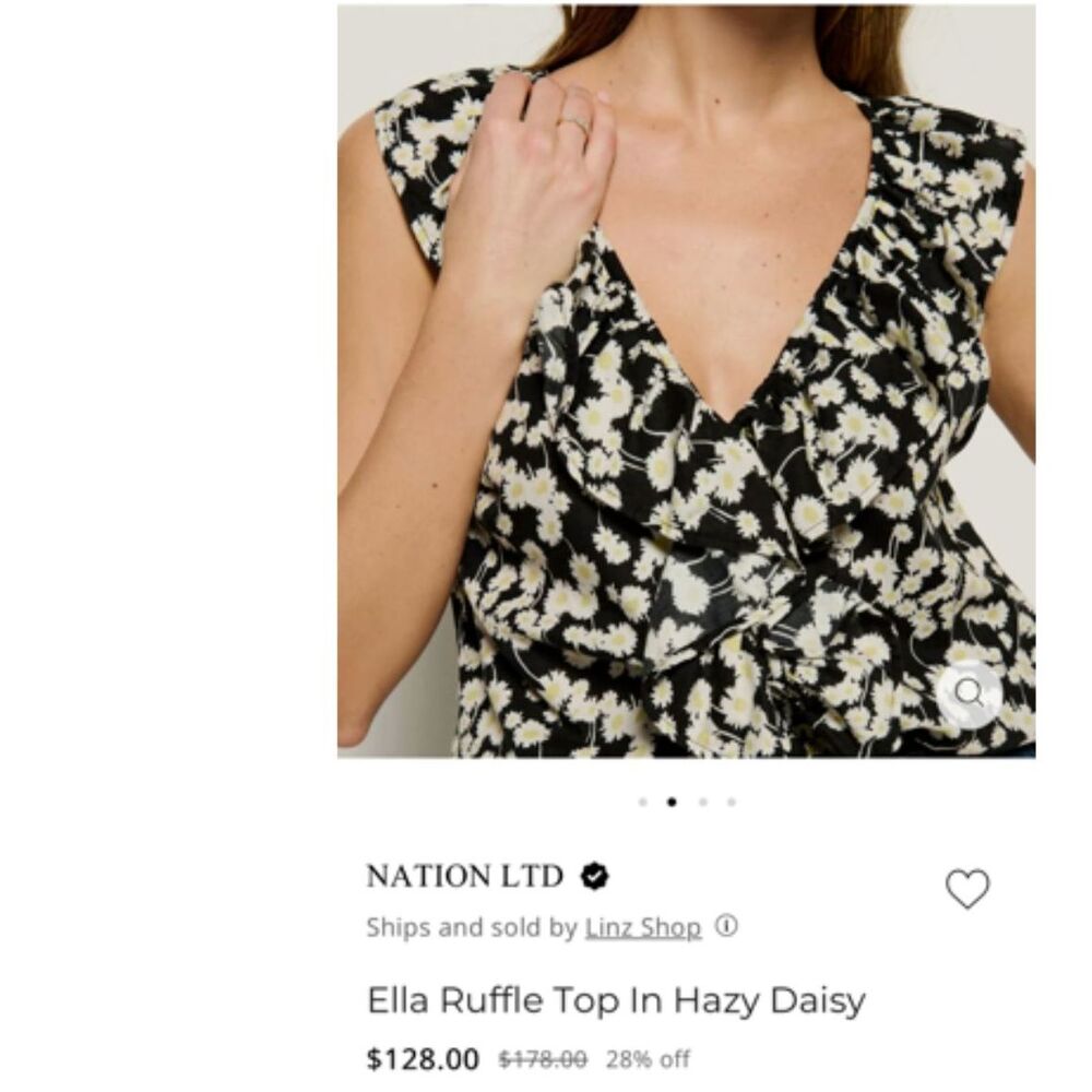 Nation LTD Ella Ruffle Top XS Black White Daisy Print Organic Cotton NWT